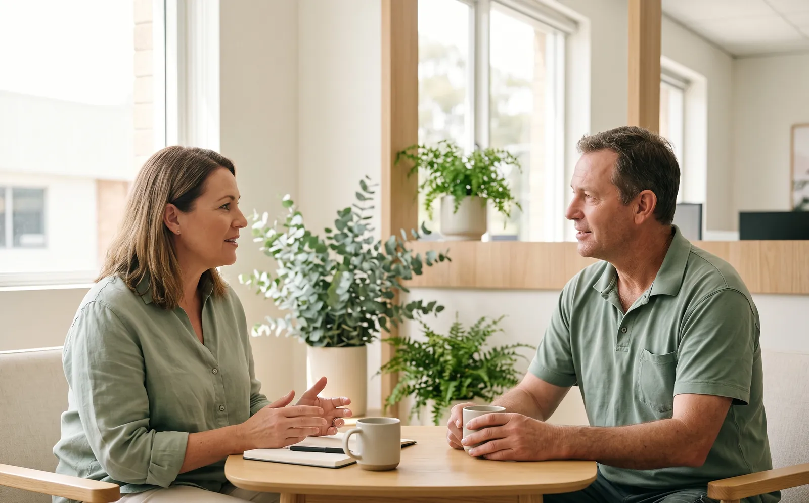 An HR manager and an employee talking over coffee in a calm, bright room