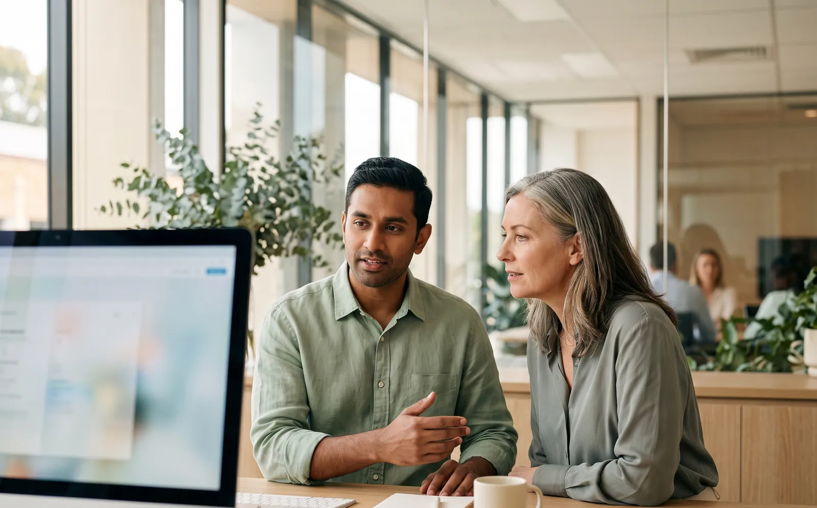 Two claims colleagues discussing a case beside a computer screen in a modern office
