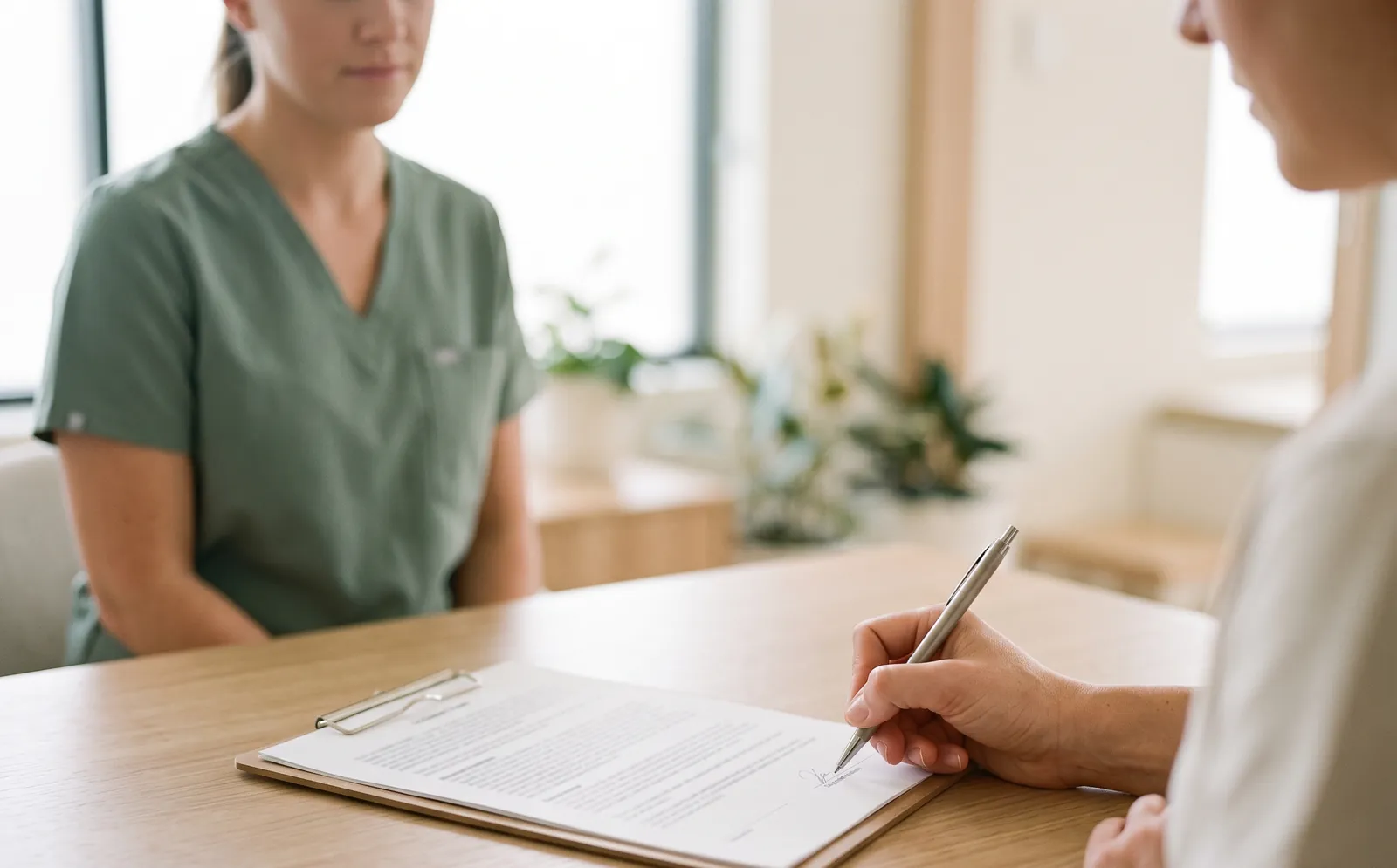 A person signing a consent form on a clipboard while a practitioner in green scrubs looks on