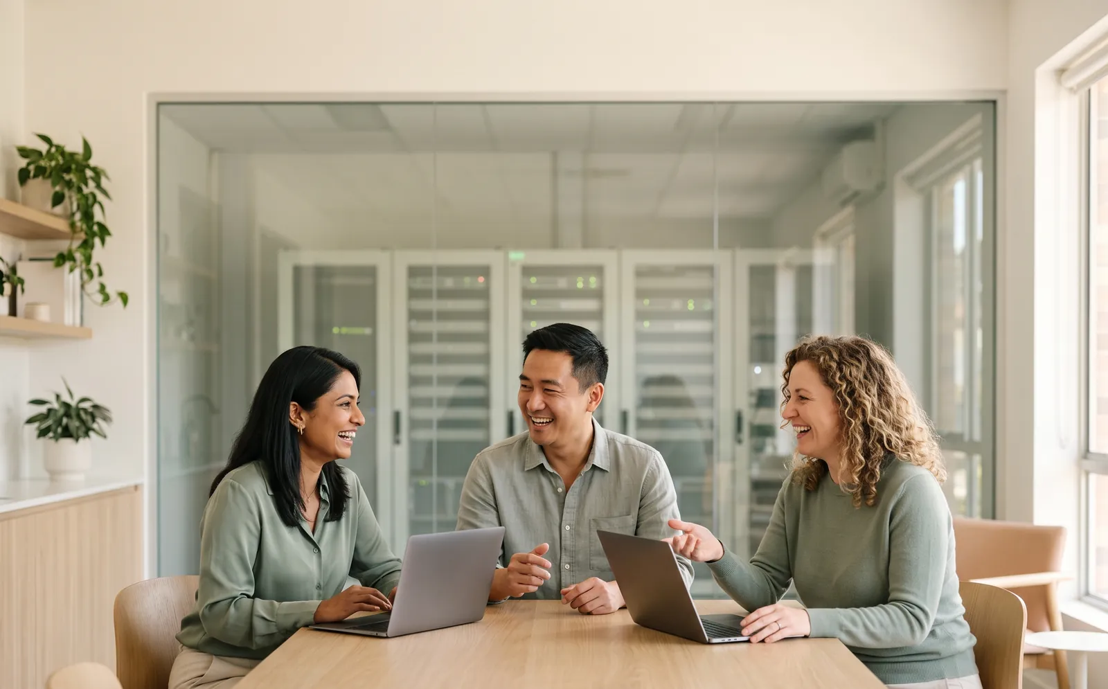 Three colleagues talking over laptops at a timber table, with a server room behind glass
